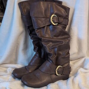 Brown Slouchy Knee-High Buckle Boots